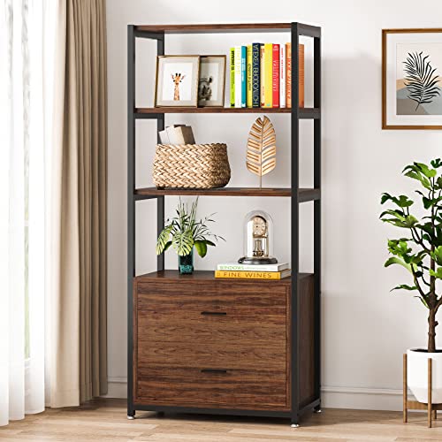 Tribesigns Bookcase, 4-Tier Rustic Bookshelf with 2 Drawers, Etagere Standard Book Shelves Display Shelf for Home Office