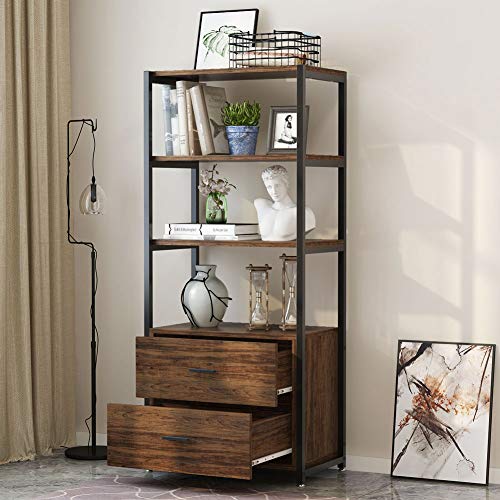 Tribesigns Bookcase, 4-Tier Rustic Bookshelf with 2 Drawers, Etagere Standard Book Shelves Display Shelf for Home Office