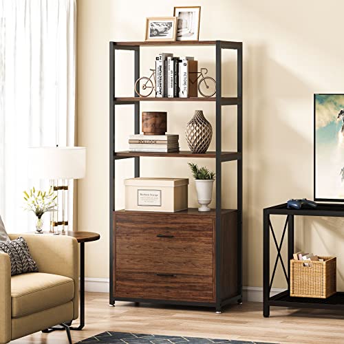 Tribesigns Bookcase, 4-Tier Rustic Bookshelf with 2 Drawers, Etagere Standard Book Shelves Display Shelf for Home Office