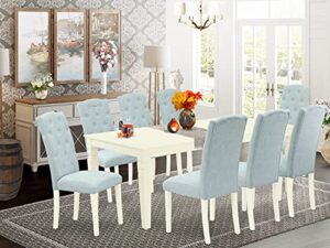 east west furniture 9pc dining set includes a rectangle dining table with butterfly leaf and eight parson chairs with baby blue fabric, linen white finish