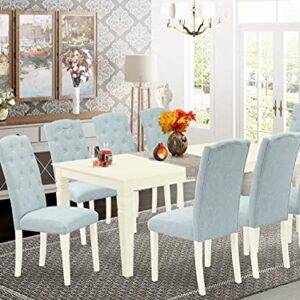 EAST WEST FURNITURE 9Pc Dining Set Includes a Rectangle Dining Table with Butterfly Leaf and Eight Parson Chairs with Baby Blue Fabric, Linen White Finish