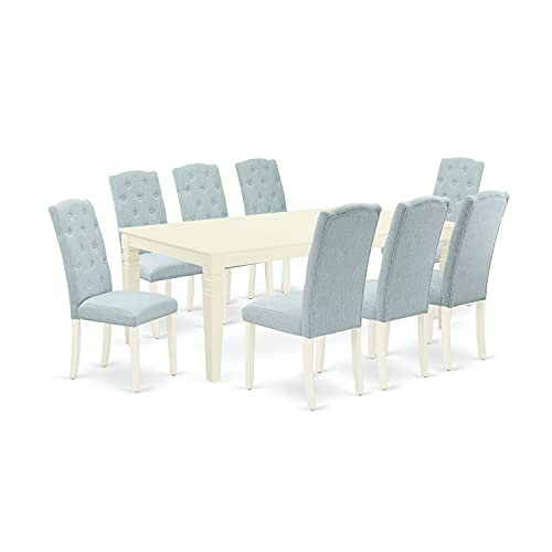 EAST WEST FURNITURE 9Pc Dining Set Includes a Rectangle Dining Table with Butterfly Leaf and Eight Parson Chairs with Baby Blue Fabric, Linen White Finish