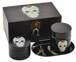 stash house supply co. day of the dead design premium bamboo stash box set with uv glass jar, metal tray and lock - great gift for skull lovers
