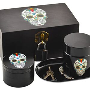 STASH HOUSE SUPPLY CO. Day of the Dead Design Premium Bamboo Stash Box Set with UV Glass Jar, Metal Tray and Lock - Great Gift for Skull Lovers