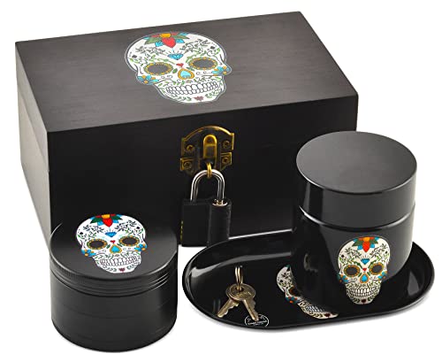 STASH HOUSE SUPPLY CO. Day of the Dead Design Premium Bamboo Stash Box Set with UV Glass Jar, Metal Tray and Lock - Great Gift for Skull Lovers