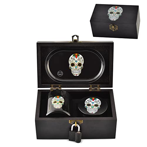 STASH HOUSE SUPPLY CO. Day of the Dead Design Premium Bamboo Stash Box Set with UV Glass Jar, Metal Tray and Lock - Great Gift for Skull Lovers