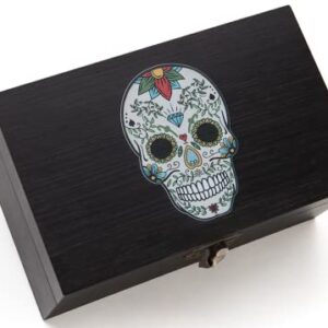 STASH HOUSE SUPPLY CO. Day of the Dead Design Premium Bamboo Stash Box Set with UV Glass Jar, Metal Tray and Lock - Great Gift for Skull Lovers