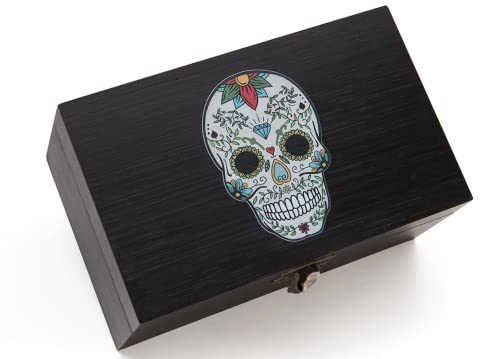 STASH HOUSE SUPPLY CO. Day of the Dead Design Premium Bamboo Stash Box Set with UV Glass Jar, Metal Tray and Lock - Great Gift for Skull Lovers