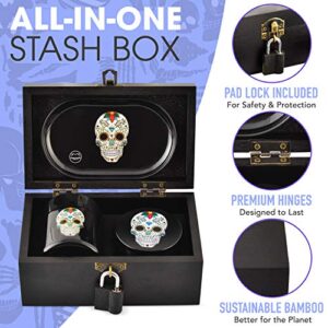 STASH HOUSE SUPPLY CO. Day of the Dead Design Premium Bamboo Stash Box Set with UV Glass Jar, Metal Tray and Lock - Great Gift for Skull Lovers