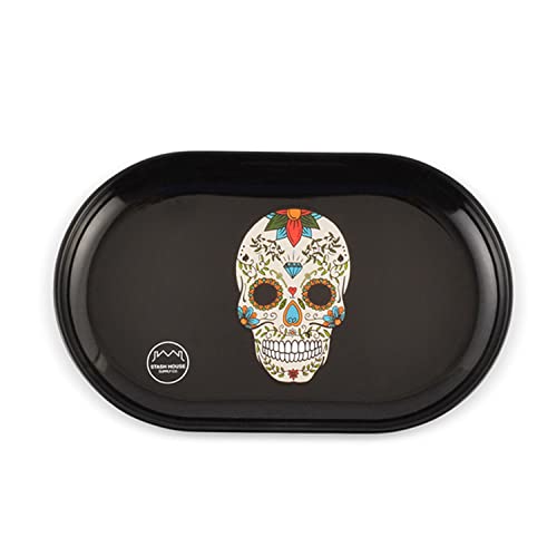 STASH HOUSE SUPPLY CO. Day of the Dead Design Premium Bamboo Stash Box Set with UV Glass Jar, Metal Tray and Lock - Great Gift for Skull Lovers