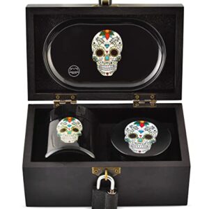 STASH HOUSE SUPPLY CO. Day of the Dead Design Premium Bamboo Stash Box Set with UV Glass Jar, Metal Tray and Lock - Great Gift for Skull Lovers