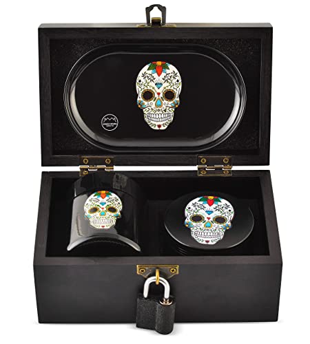 STASH HOUSE SUPPLY CO. Day of the Dead Design Premium Bamboo Stash Box Set with UV Glass Jar, Metal Tray and Lock - Great Gift for Skull Lovers