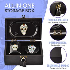 STASH HOUSE SUPPLY CO. Day of the Dead Design Premium Bamboo Stash Box Set with UV Glass Jar, Metal Tray and Lock - Great Gift for Skull Lovers