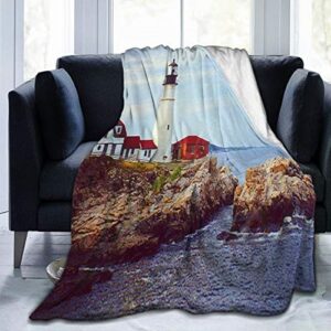 Vintage Sea Landscape Lighthouse Flannel Fleece Microfiber Throw Blanket Extra Soft Brush Fabric Winter Warm Sofa Blanket Fuzzy Microplush Lightweight Thermal Fleece Blankets for Home Bed Couch