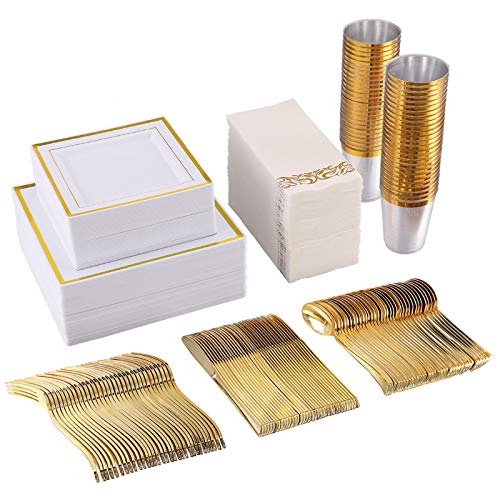 FOCUSLINE 350 Piece Square Dinnerware Set-50 Gold Rim Dinner Plastic Plates-50Gold Rim Dessert Plates-50 Gold Plastic Cups-50 Linen Like Gold Paper Napkins, 50 Guest Disposable Gold Dinnerware Set