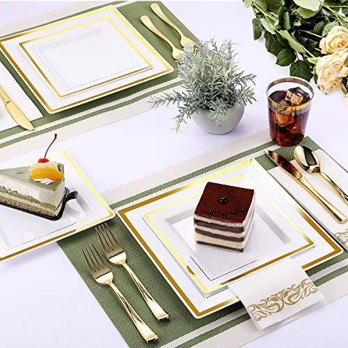 FOCUSLINE 350 Piece Square Dinnerware Set-50 Gold Rim Dinner Plastic Plates-50Gold Rim Dessert Plates-50 Gold Plastic Cups-50 Linen Like Gold Paper Napkins, 50 Guest Disposable Gold Dinnerware Set