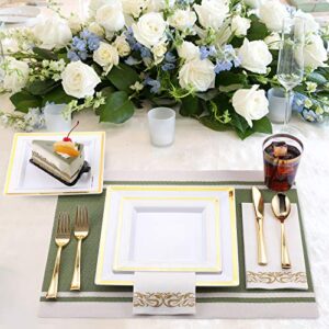 FOCUSLINE 350 Piece Square Dinnerware Set-50 Gold Rim Dinner Plastic Plates-50Gold Rim Dessert Plates-50 Gold Plastic Cups-50 Linen Like Gold Paper Napkins, 50 Guest Disposable Gold Dinnerware Set