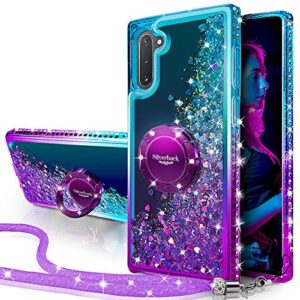 silverback galaxy note 10 case, moving liquid holographic sparkle glitter case with kickstand, bling diamond rhinestone bumper w/ring slim samsung galaxy note 10 case for girls women -purple