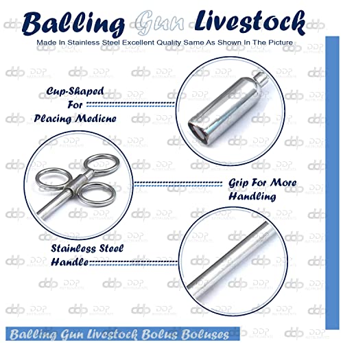 DDP Balling Gun Livestock Bolus Boluses Capsule Large Animal 13" Veterinary Stainless Steel Pill Pusher Sheep Calf COLT 5/8" Diameter Metal Head Spring Clips