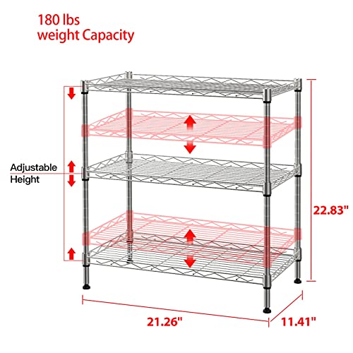 SINGAYE 3 Shelf Wire Shelving Unit Adjustable Storage Shelving 21.26”W x 11.41”D x 22.83”H (Silver)