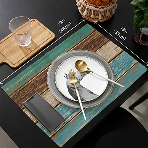 Vandarllin Placemats Set of 6, Retro Rustic Wood Texture Polyester Stain Resistant Table Mats Washable Placemat Decoration for Kitchen Dining Table Teal Green Brown