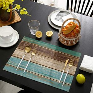 Vandarllin Placemats Set of 6, Retro Rustic Wood Texture Polyester Stain Resistant Table Mats Washable Placemat Decoration for Kitchen Dining Table Teal Green Brown