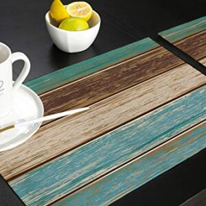 Vandarllin Placemats Set of 6, Retro Rustic Wood Texture Polyester Stain Resistant Table Mats Washable Placemat Decoration for Kitchen Dining Table Teal Green Brown