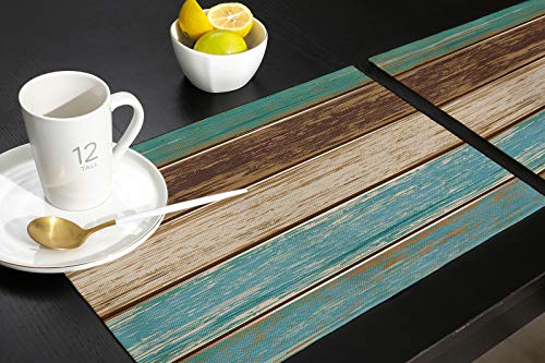 Vandarllin Placemats Set of 6, Retro Rustic Wood Texture Polyester Stain Resistant Table Mats Washable Placemat Decoration for Kitchen Dining Table Teal Green Brown