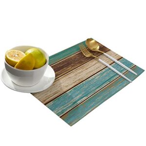 Vandarllin Placemats Set of 6, Retro Rustic Wood Texture Polyester Stain Resistant Table Mats Washable Placemat Decoration for Kitchen Dining Table Teal Green Brown