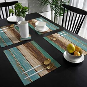 Vandarllin Placemats Set of 6, Retro Rustic Wood Texture Polyester Stain Resistant Table Mats Washable Placemat Decoration for Kitchen Dining Table Teal Green Brown