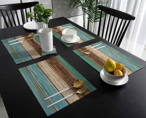 Vandarllin Placemats Set of 6, Retro Rustic Wood Texture Polyester Stain Resistant Table Mats Washable Placemat Decoration for Kitchen Dining Table Teal Green Brown