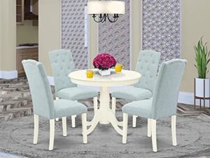 east west furniture ance5-lwh-15 5pc dining set includes a small round dinette table and four parson chairs with baby blue fabric, linen white finish