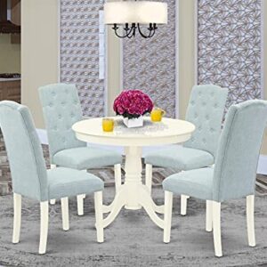 East West Furniture ANCE5-LWH-15 5Pc Dining Set Includes a Small Round Dinette Table and Four Parson Chairs with Baby Blue Fabric, Linen White Finish