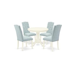 East West Furniture ANCE5-LWH-15 5Pc Dining Set Includes a Small Round Dinette Table and Four Parson Chairs with Baby Blue Fabric, Linen White Finish