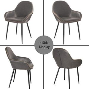 glitzhome Mid-Century Dining Chairs Set of 2 with Arm Leatherette Seat Metal Legs Living Room Bedroom Kitchen Modern Furniture, Grey