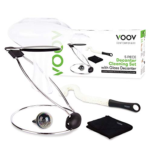 VOOV Contemporary Premium Decanter Cleaning Set with Glass Decanter, UNIQUE FOLDABLE Drying Stand, Cleaning Beads, Cleaning Brush and Microfiber Drying Cloth