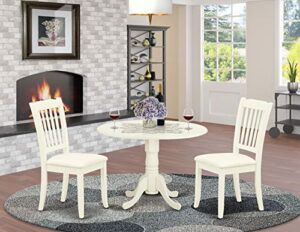 east west furniture dlda3-whi-c 3pc dinette set includes a rounded kitchen table with drop leaves and two vertical slatted linen fabric seat dining chairs, white finish, 3