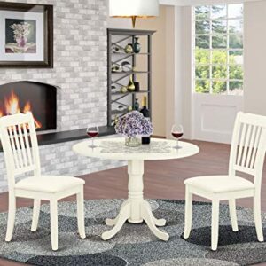 East West Furniture DLDA3-WHI-C 3Pc Dinette Set Includes a Rounded Kitchen Table with Drop Leaves and Two Vertical Slatted Linen Fabric Seat Dining Chairs, White Finish, 3