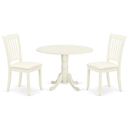 East West Furniture DLDA3-WHI-C 3Pc Dinette Set Includes a Rounded Kitchen Table with Drop Leaves and Two Vertical Slatted Linen Fabric Seat Dining Chairs, White Finish, 3