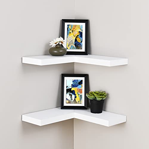 WELLAND Floating Corner Shelf Set of 2, White Wall Mounted Display Shelf with Concealed Hardware for Bedroom, Kids Room, Living Room, Bathroom and Kitchen