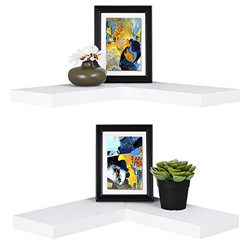 WELLAND Floating Corner Shelf Set of 2, White Wall Mounted Display Shelf with Concealed Hardware for Bedroom, Kids Room, Living Room, Bathroom and Kitchen