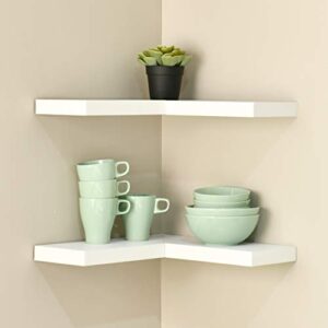 WELLAND Floating Corner Shelf Set of 2, White Wall Mounted Display Shelf with Concealed Hardware for Bedroom, Kids Room, Living Room, Bathroom and Kitchen