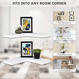 WELLAND Floating Corner Shelf Set of 2, White Wall Mounted Display Shelf with Concealed Hardware for Bedroom, Kids Room, Living Room, Bathroom and Kitchen