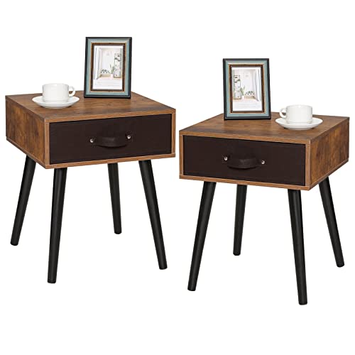 Iwell Nightstand Set of 2, Bedside Table with Drawer, Mid-Century Nightstand, End Table Side Table for Bedroom, Rustic Brown