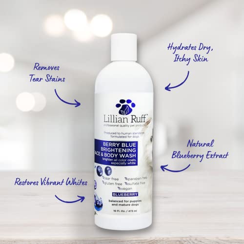 Lillian Ruff Berry Blue Brightening Face and Body Wash for Dogs and Cats - Tear Free Blueberry Shampoo - Remove Tear Stains, Hydrate Dry Itchy Skin, Add Shine & Luster to Coats - Made in USA (16oz)