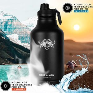 Growler for Beer & Water | 64 oz Double Wall Vacuum Insulated Stainless Steel Thermos Bottle | Jug for Hot & Cold Beverages | Carry Case with Pocket Included | by Here & Now Supply Co. (Black)