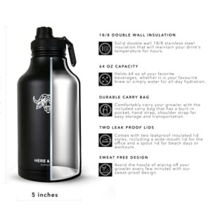 Growler for Beer & Water | 64 oz Double Wall Vacuum Insulated Stainless Steel Thermos Bottle | Jug for Hot & Cold Beverages | Carry Case with Pocket Included | by Here & Now Supply Co. (Black)