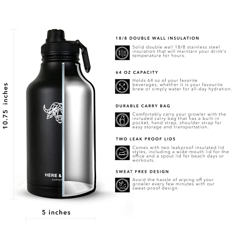 Growler for Beer & Water | 64 oz Double Wall Vacuum Insulated Stainless Steel Thermos Bottle | Jug for Hot & Cold Beverages | Carry Case with Pocket Included | by Here & Now Supply Co. (Black)