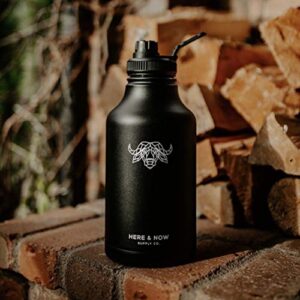 Growler for Beer & Water | 64 oz Double Wall Vacuum Insulated Stainless Steel Thermos Bottle | Jug for Hot & Cold Beverages | Carry Case with Pocket Included | by Here & Now Supply Co. (Black)