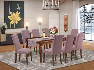 east west furniture doce9-mah-10 9pc dining set includes a rectangle dinette table with butterfly leaf and eight parson chairs with dahlia fabric, mahogany finish